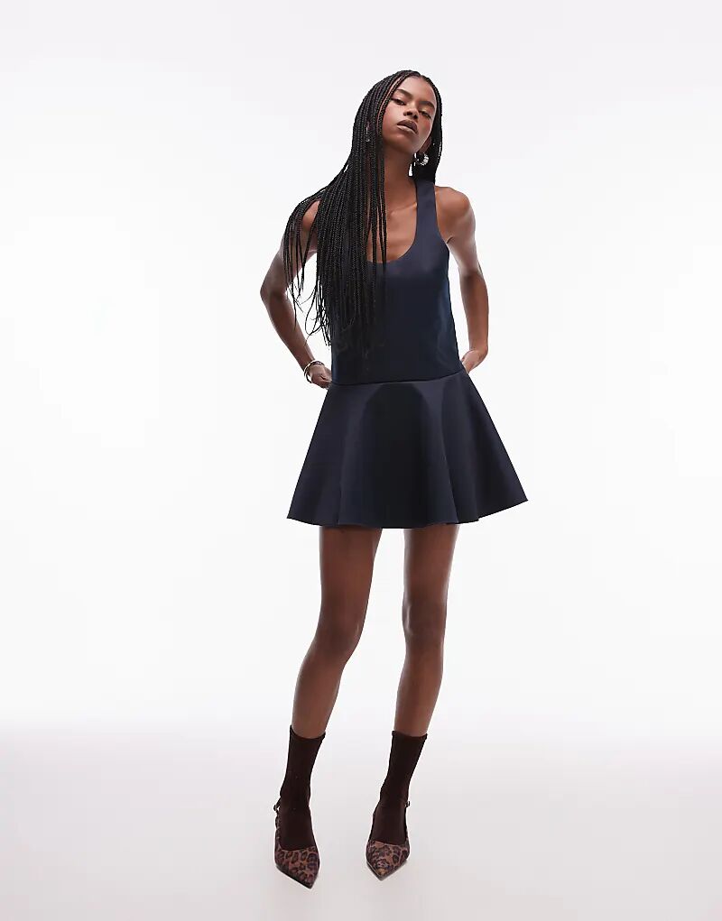 

Атласное мини-платье с круглым вырезом и юбкой-солнце ASOS DESIGN темно-синего цвета