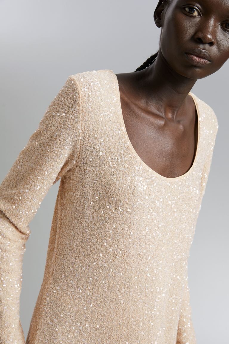 

Платье макси с пайетками H&M, бежевый