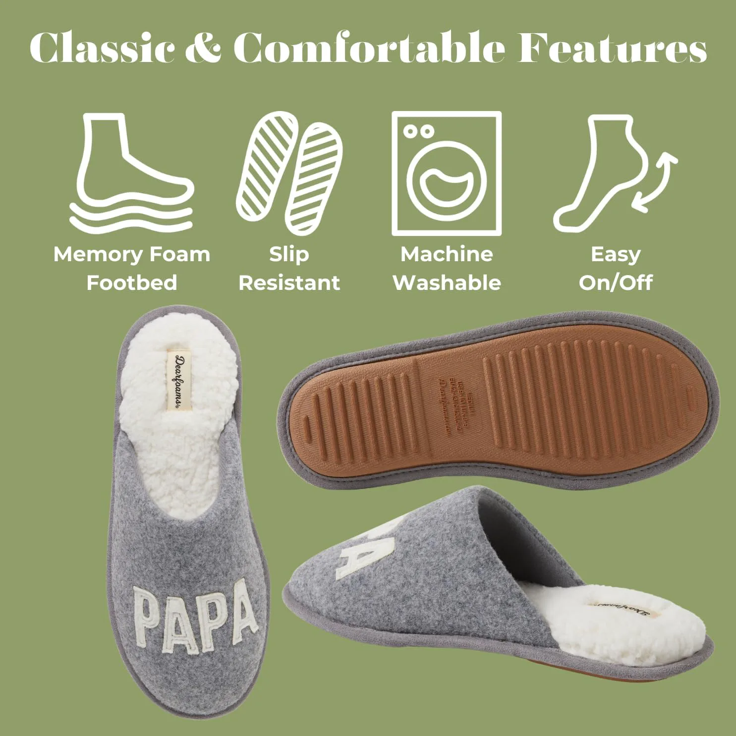 Мужские тапочки Dearfoams Matching Family Holiday Papa Bear с вышивкой, отделка шерпой, модель Moc Toe, серый — фото 4