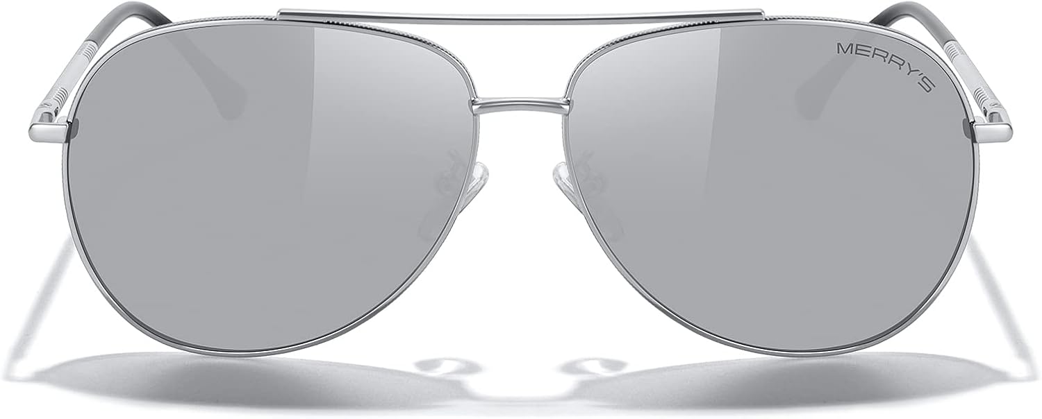 

Солнцезащитные очки-авиаторы MERRY'S для женщин и мужчин, с поляризованными зеркальными линзами и футляром - поляризованные очки для вождения, 60 мм, Silver Frame/Silver Mirror Lens