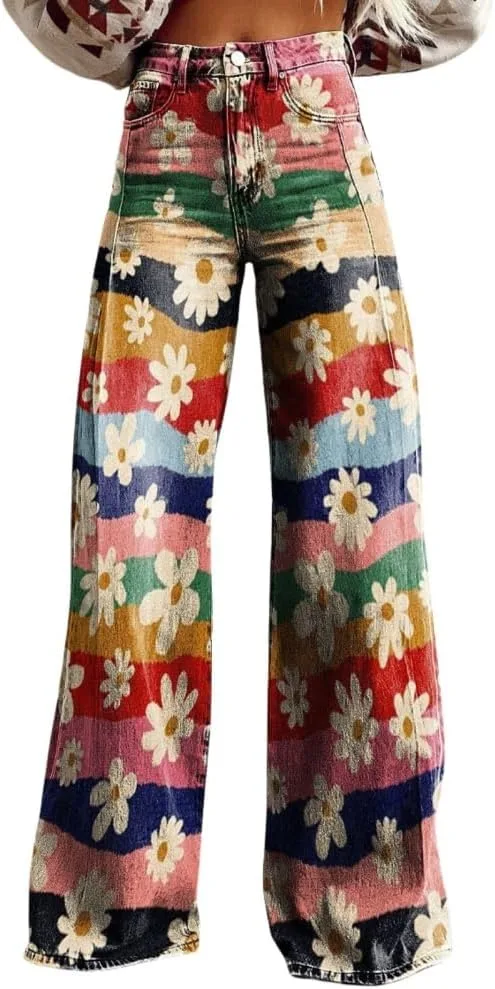 Женские джинсы wide leg с карманами, vintage floral print, high waist — фото 3