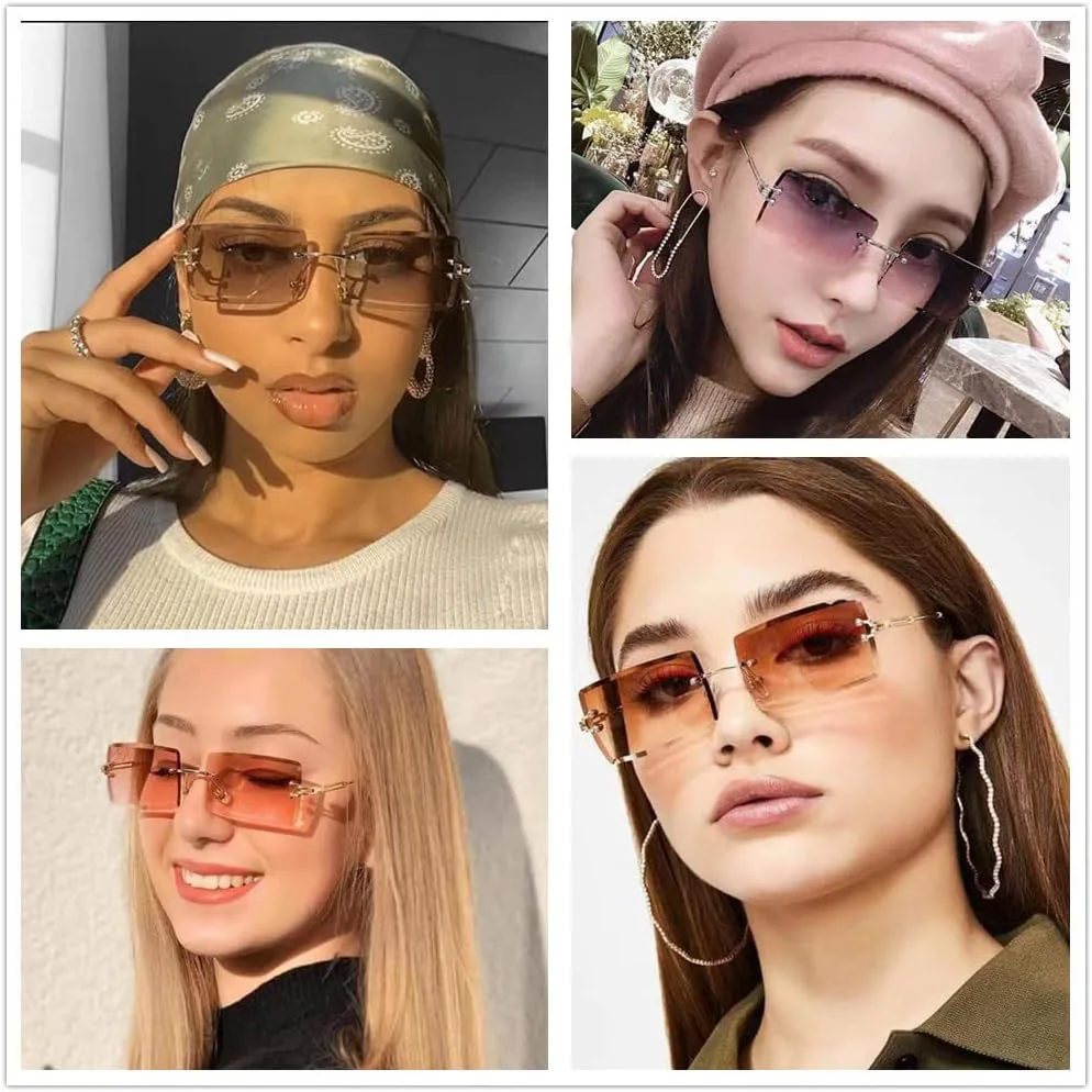 

Солнцезащитные очки в прямоугольной оправе без ободка в стиле ретро для женщин и мужчин, тонированные линзы, защита от УФ-излучения UV400 WDZAYXC, Yellow