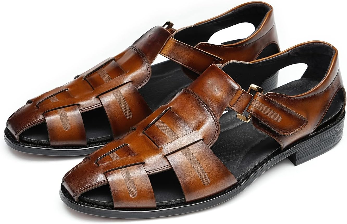 

Мужские сандалии Santimon из натуральной кожи - регулируемая пряжка, открытый носок, удобные и стильные для лета, повседневной носки, активного отдыха на свежем воздухе и комфорта на весь день, коричневый