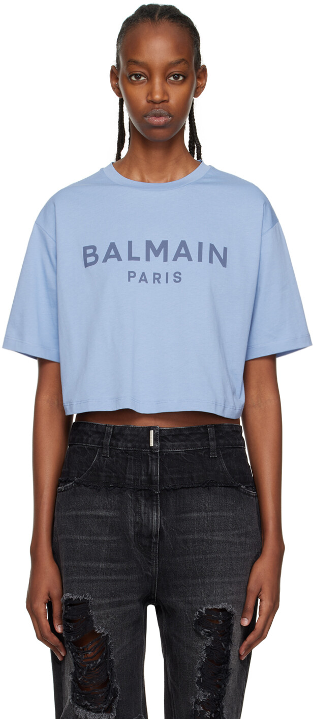 

Синяя укороченная футболка Balmain