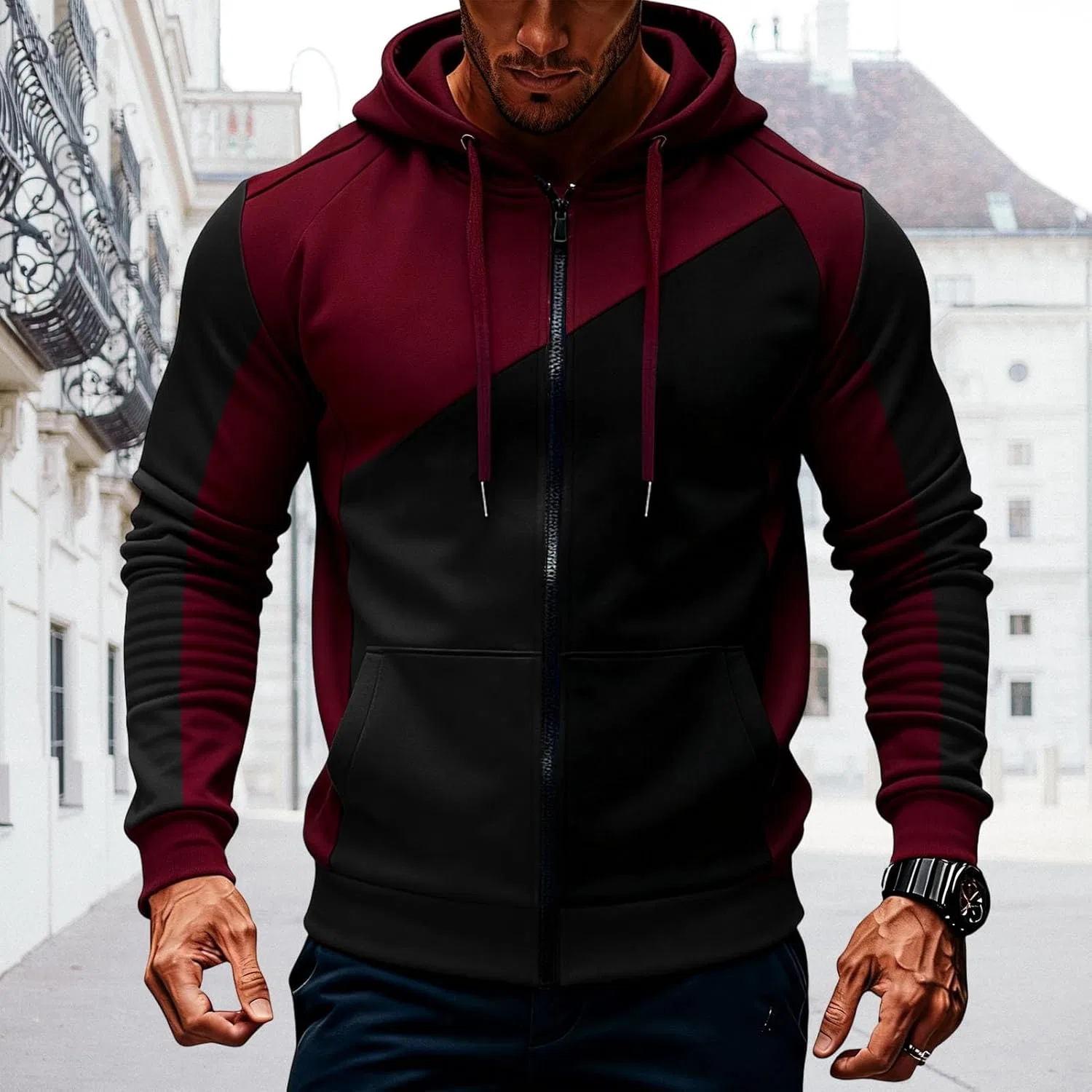 Мужская молния-худи slim fit контрастная, Wine Red — фото 3