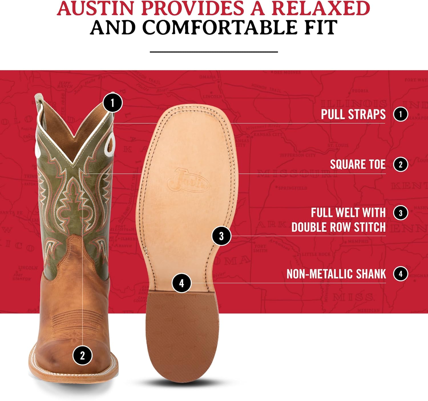 Мужские вестерн-бутсы Justin Austin II с изогнутой штангой, 28 см, Cognac — фото 4