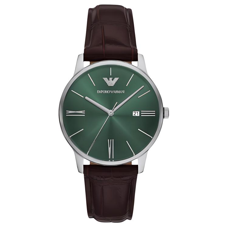 

Трехстрелочные наручные часы из коричневой кожи Date Brown Leather EMPORIO ARMANI, зеленый Dial