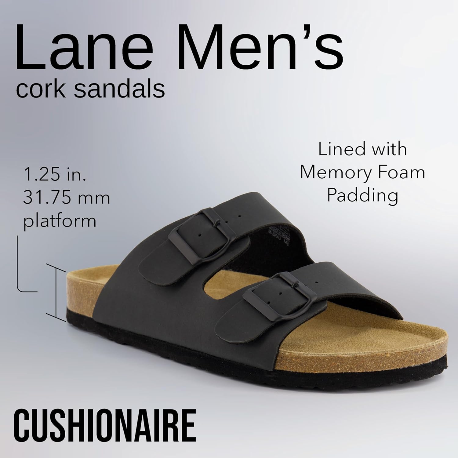 Мужские сандалии CUSHIONAIRE Lane с пробковой стелькой, регулируемые с пряжкой, комфортные шлепанцы, стелька из натуральной кожи, летняя обувь для мужчин, черный — фото 3