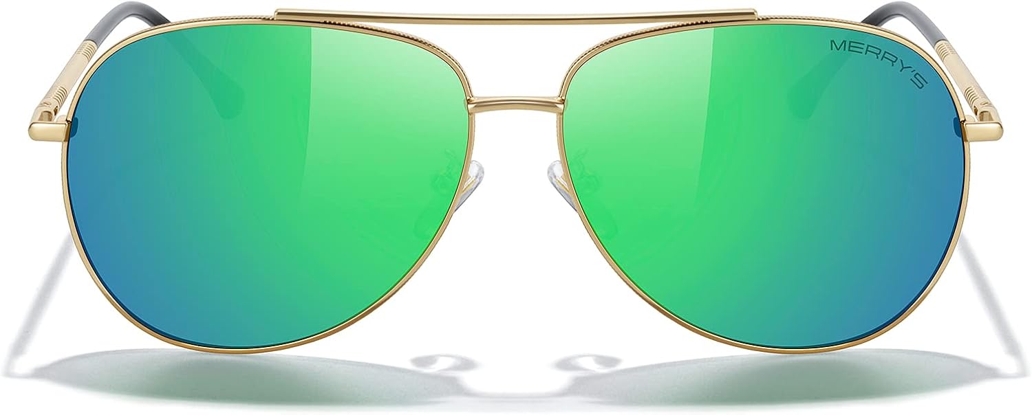 

Солнцезащитные очки-авиаторы MERRY'S для женщин и мужчин, с поляризованными зеркальными линзами и футляром - поляризованные очки для вождения, 60 мм, Gold Frame/Green Mirror Lens
