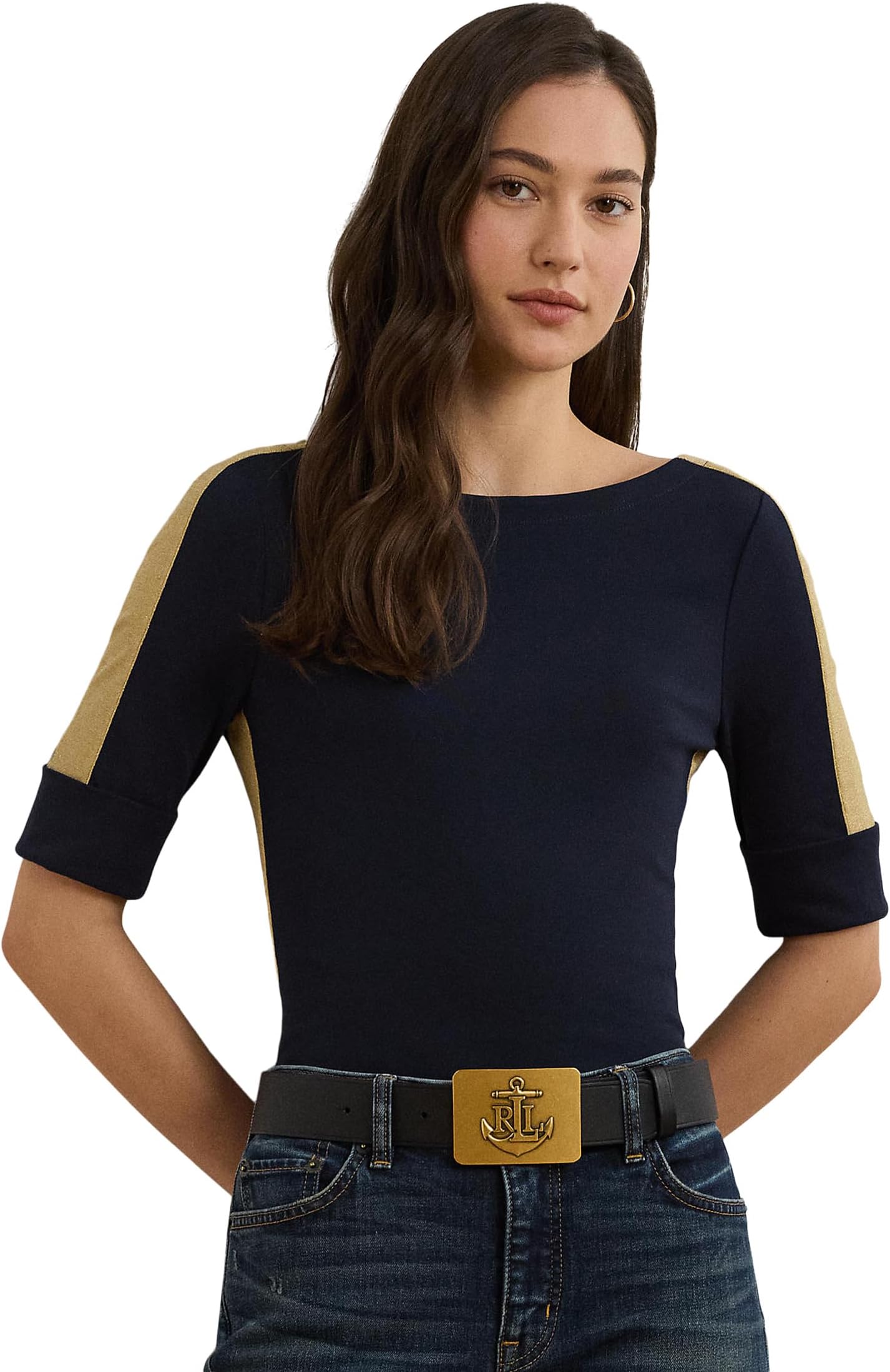 

Футболка Lauren Ralph Lauren Petite Two-Tone Stretch Cotton Elbow-Sleeve Tee, цвет Lauren Navy/Relic Gold