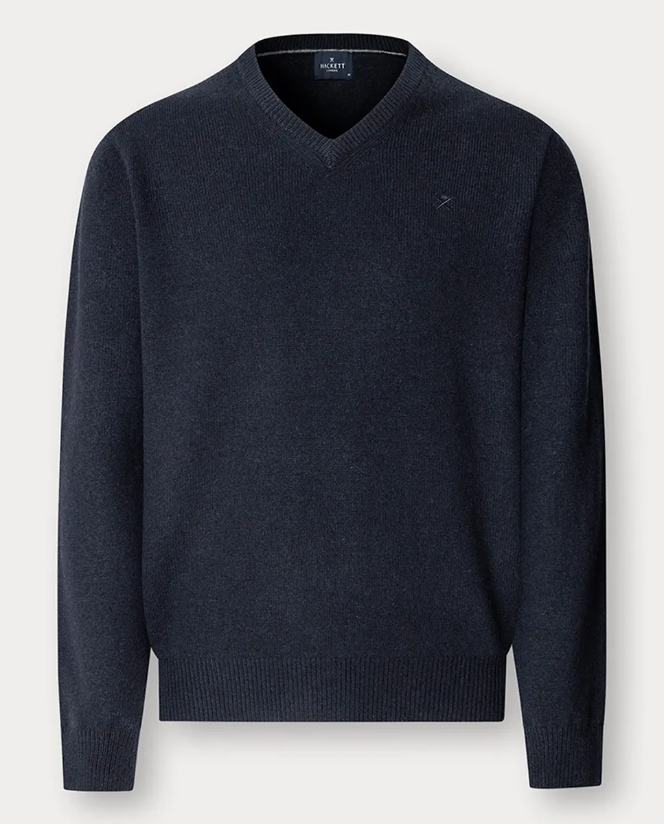 

Мужской однотонный джемпер с V-образным вырезом и вышитым логотипом Hackett, темно-синий