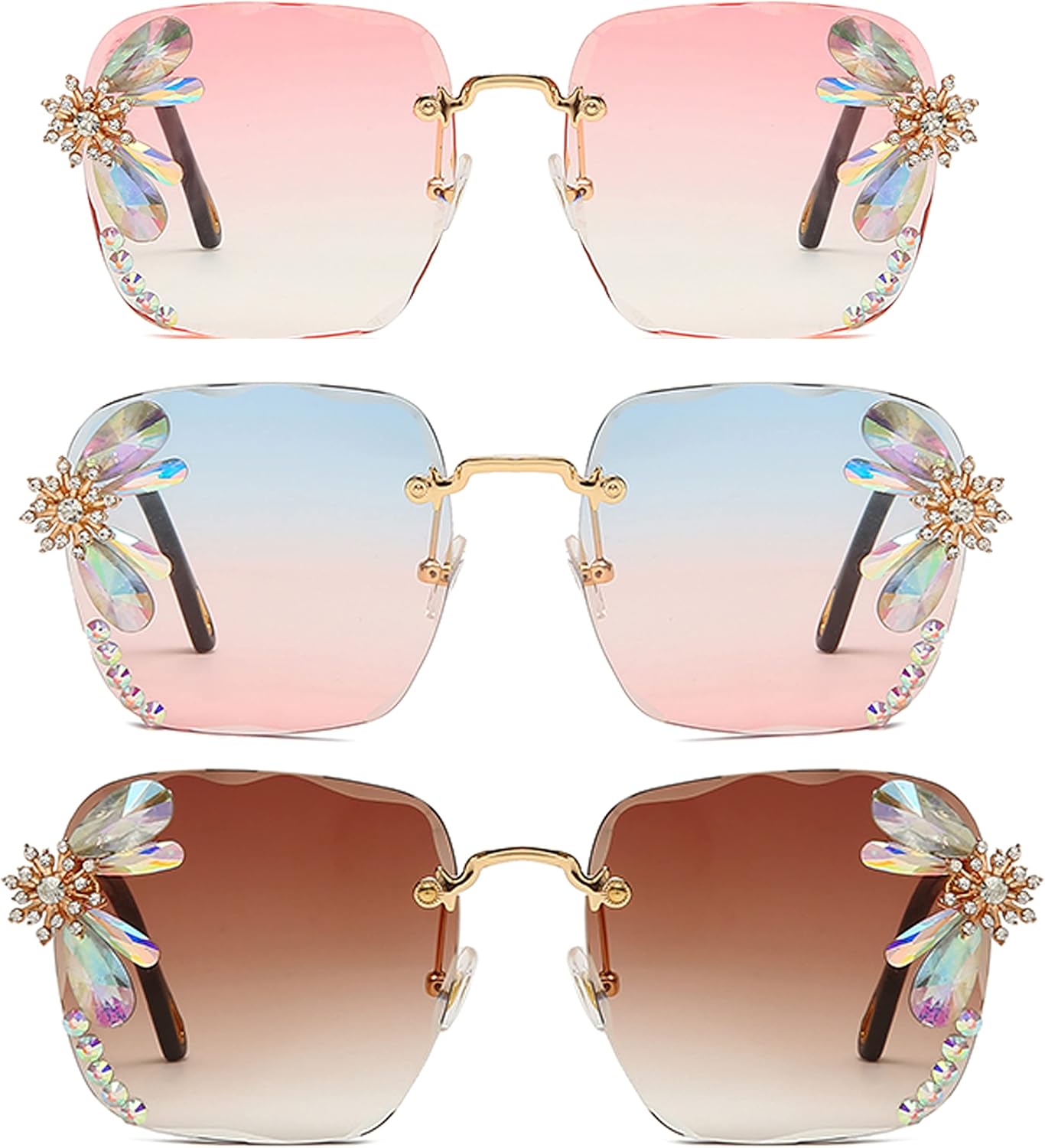 

Винтажные солнцезащитные очки без оправы с квадратными линзами, украшенные стразами, в стиле ретро, ​​роскошные солнцезащитные очки с бриллиантами, идеально подходящие для вечеринок mincl, 3pcs-pink&pink Blue&brown