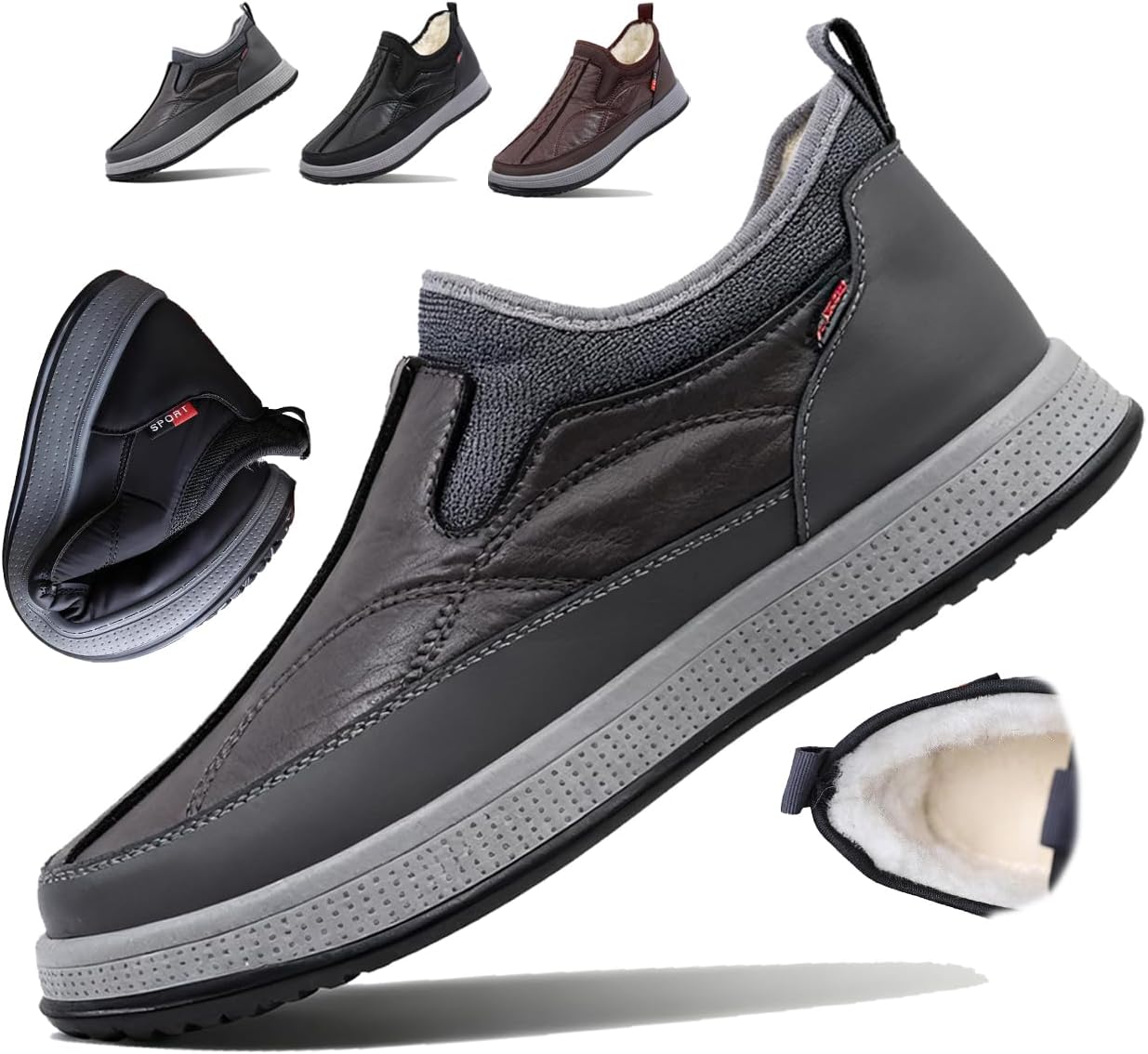 

Мужские зимние ботинки с утеплителем из искусственного меха, водонепроницаемые, противоскользящие, для пожилых людей, удобные, легкие, повседневные прогулочные лоферы Generic, серый