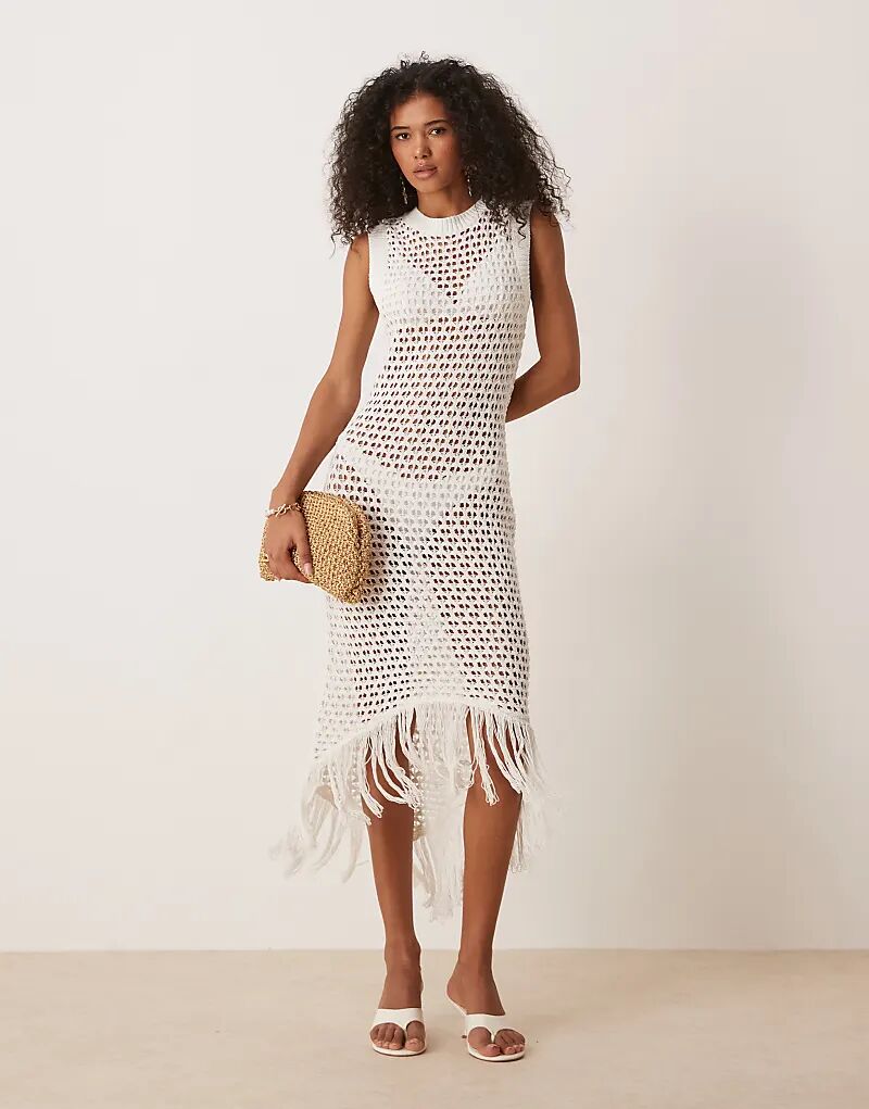 

Платье миди ASOS DESIGN, связанное крючком, с бахромой по низу, белое