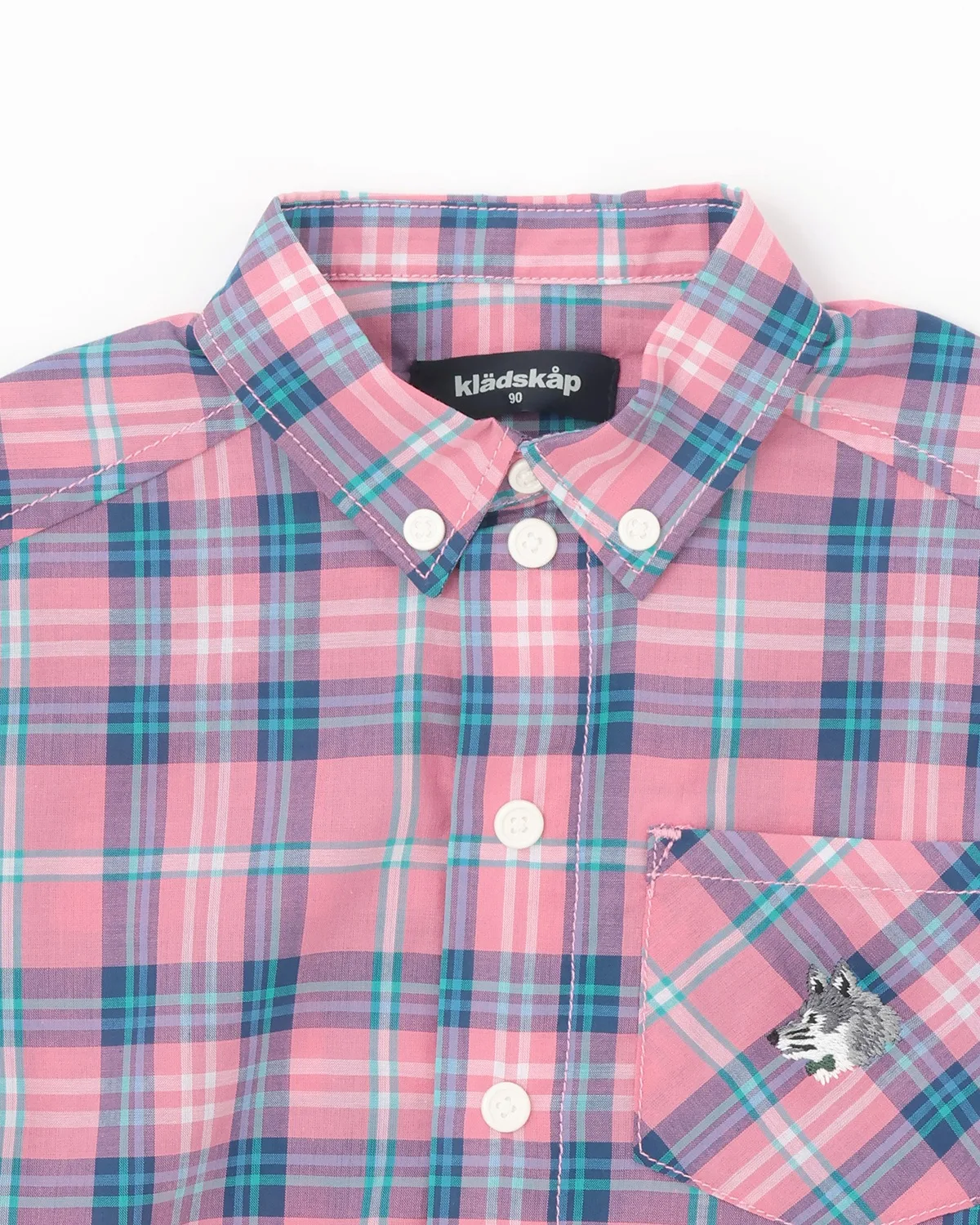 Детская рубашка в клетку с вышивкой волка kladskap розовая — фото 3
