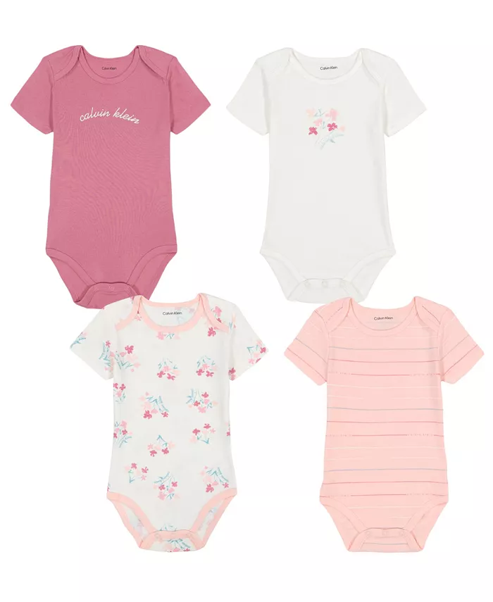 

Набор из 4 боди для девочек с коротким рукавом, рифленой отделкой и цветочным логотипом Calvin Klein, мультиколор