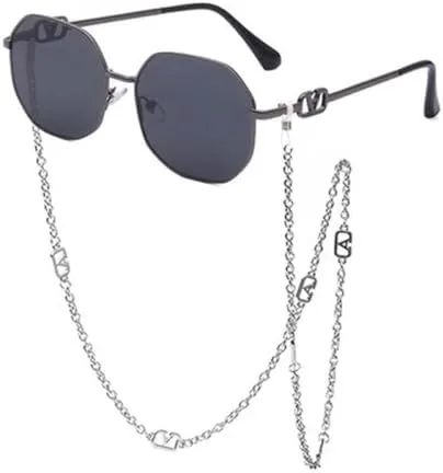 

Мужские и женские панк-солнцезащитные очки в стиле ретро из сплава с многоугольными линзами, солнцезащитные очки для женщин с цепочкой и ремешком MTZJH, C7 Gun Balck