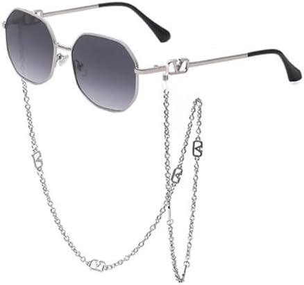 

Мужские и женские панк-солнцезащитные очки в стиле ретро из сплава с многоугольными линзами, солнцезащитные очки для женщин с цепочкой и ремешком MTZJH, C1 Silver Grey