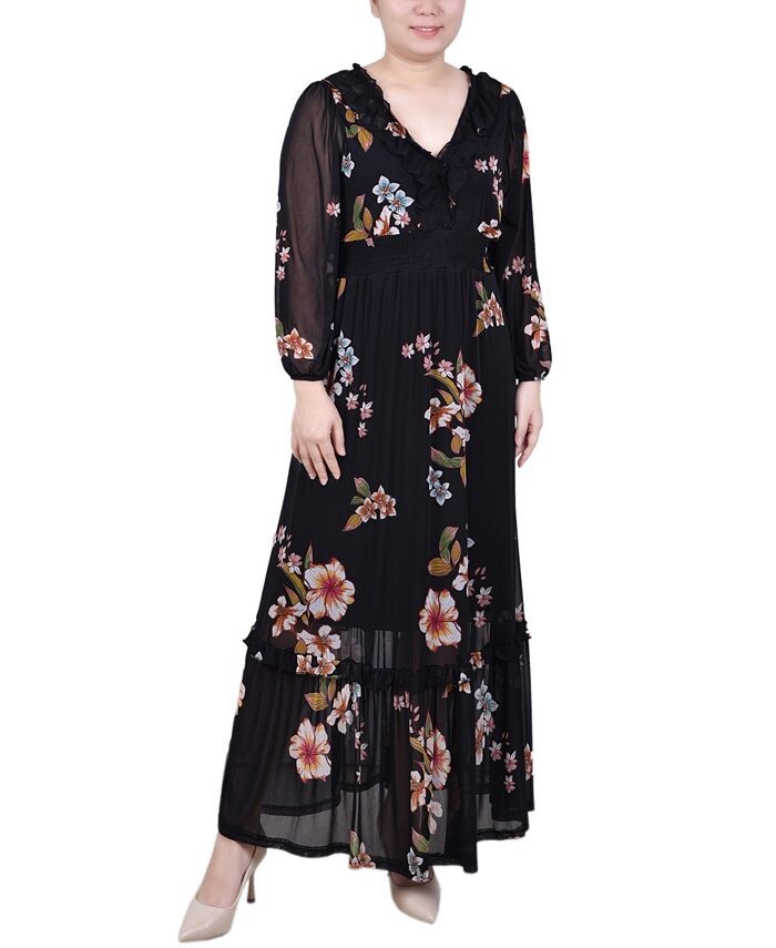 

Миниатюрное сетчатое платье макси с длинными рукавами NY Collection, цвет Black Floral