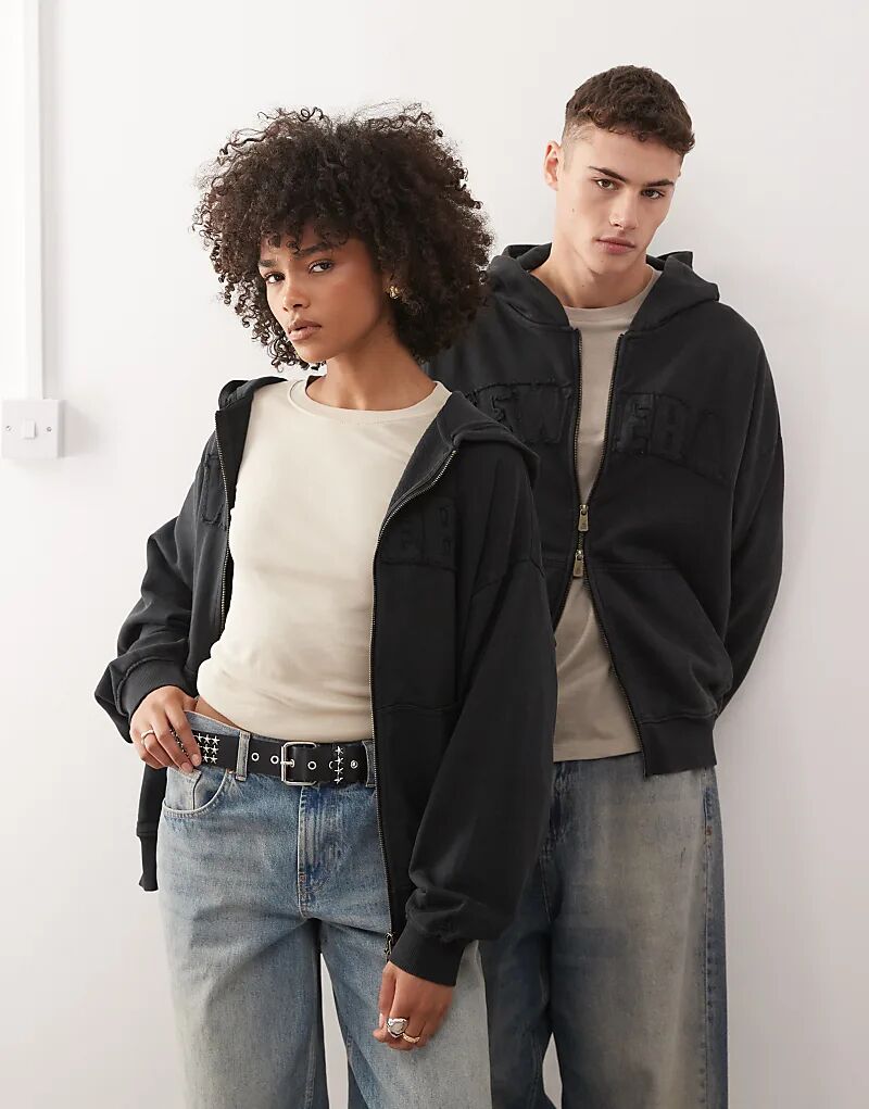 

Толстовка New Era Coord с заниженной линией плеча, молнией и аппликацией с логотипом, цвет: черный с потертостями