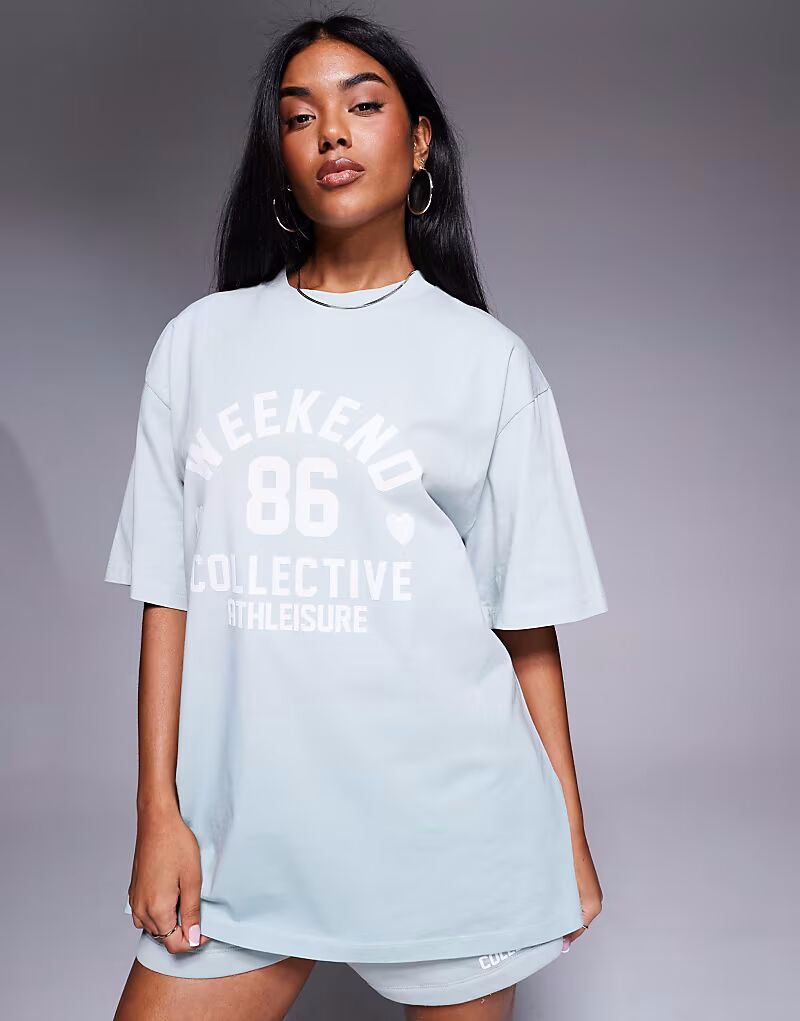 

Футболка Weekend Collective Co-ord с принтом в виде сердечек цвета шалфея Asos Weekend Collective