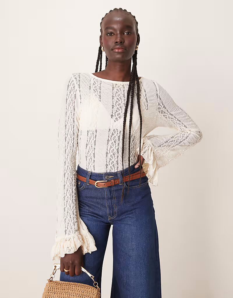 

Кружевной топ с длинными рукавами ASOS DESIGN кремового цвета