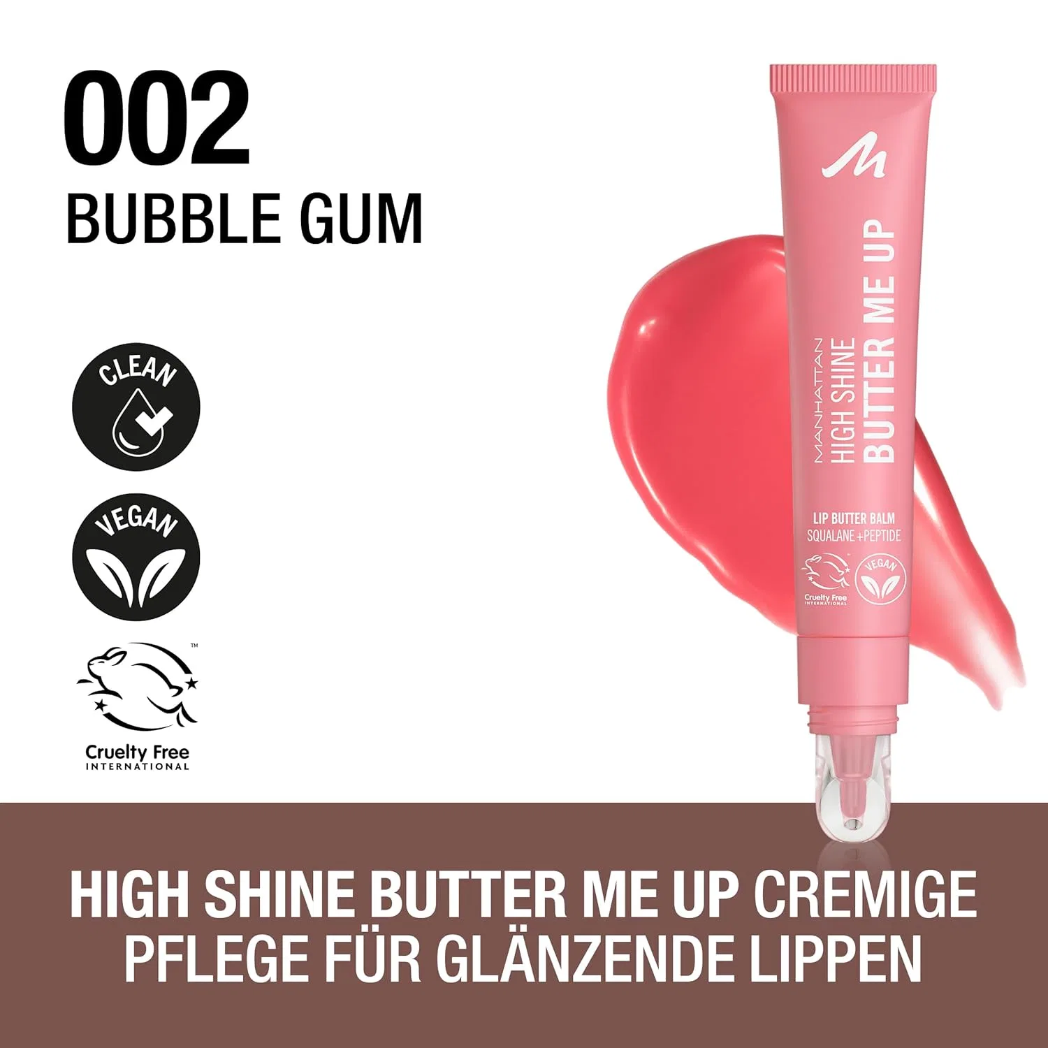 Тинтованный бальзам для губ «High Shine Butter Me Up Lip Butter Balm» от Manhattan, оттенок 002 Bubble Gum Manhattan, 002 Bubble Gum — фото 3