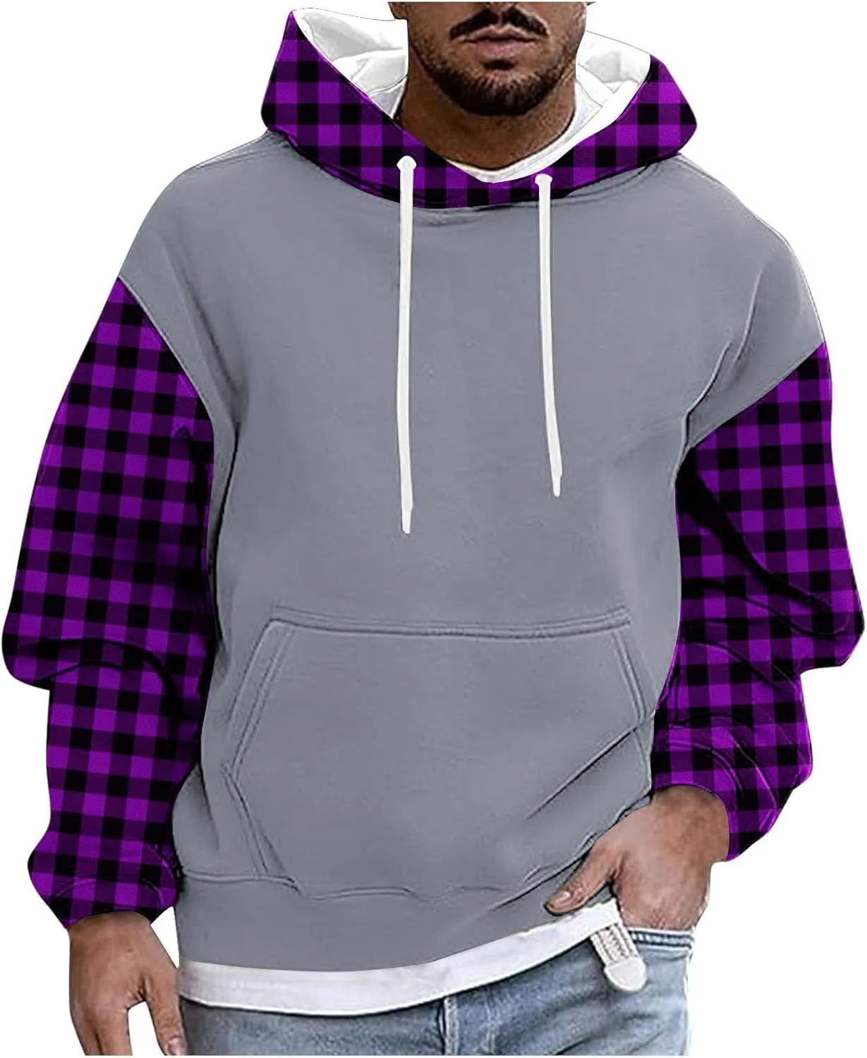 

Мужской худи с клетчатым принтом и передним карманом