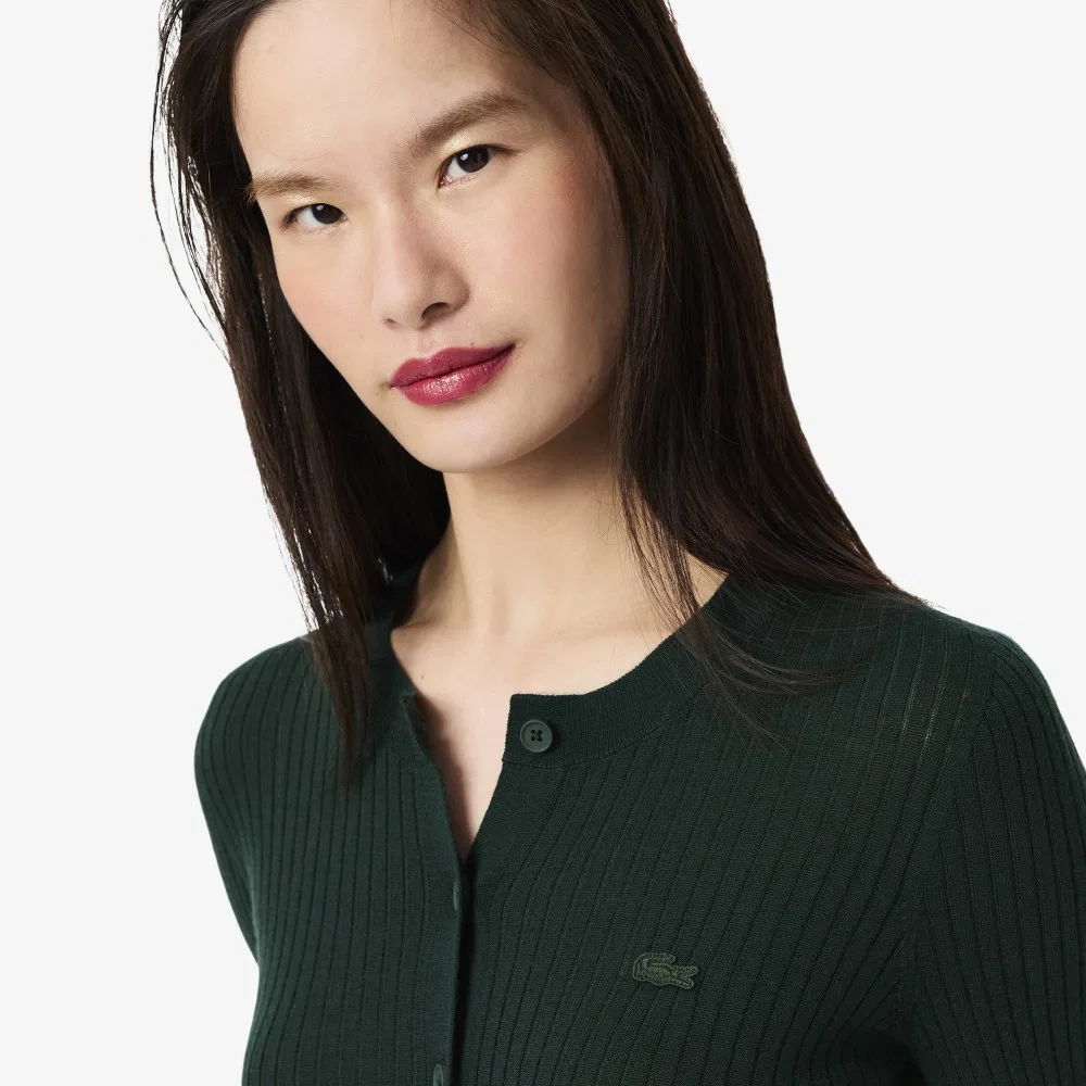Кардиган Lacoste из мериносовой шерсти, круглый вырез, зеленый — фото 2