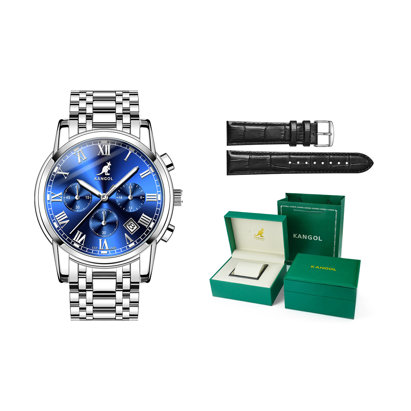 

KANGOL Часы Quartz Movement Steel Strap Watch Men's Watch Black Dial, Silver Blue Dial