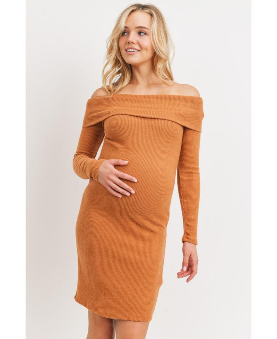 

Женское облегающее платье для беременных с ребристой отделкой, открытыми плечами и длинными рукавами Hello Miz, Rust