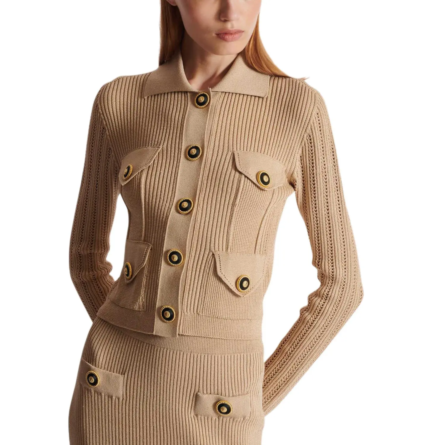 Длинный рукав укороченный вязаный кардиган BALMAIN, бежевый — фото 4