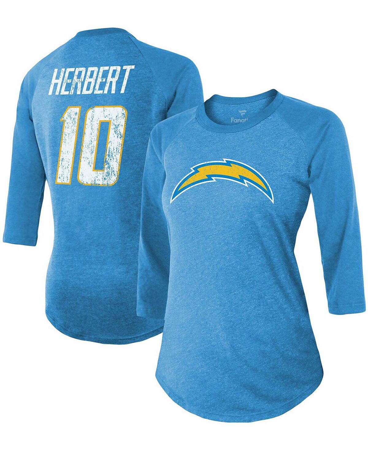 

Женская футболка Justin Herbert Powder Blue Los Angeles Chargers Team, имя игрока, номер, футболка Tri-Blend реглан с рукавами 3/4 Fanatics