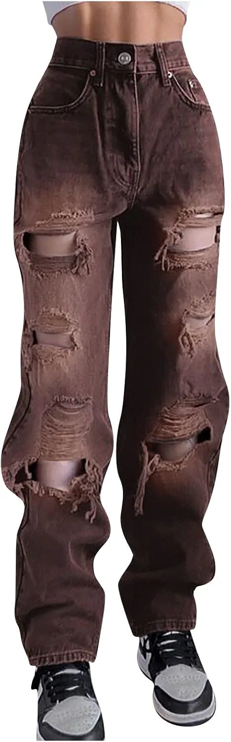 

Женские рваные джинсы High Waist Straight Leg HOLATOK