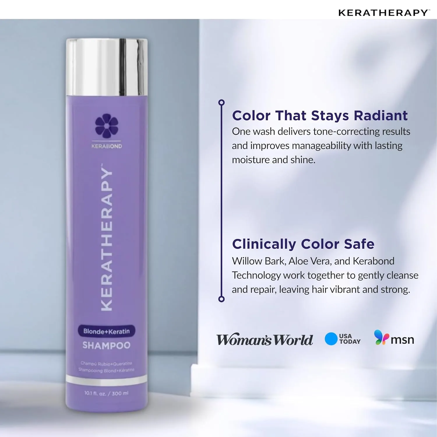 KERATHERAPY Keratin Infused Totally Blonde Violet Toning Shampoo, 300 мл - фиолетовый шампунь для окрашенных блонд, седых и мелированных волос, без сульфатов и парабенов, purple — фото 3