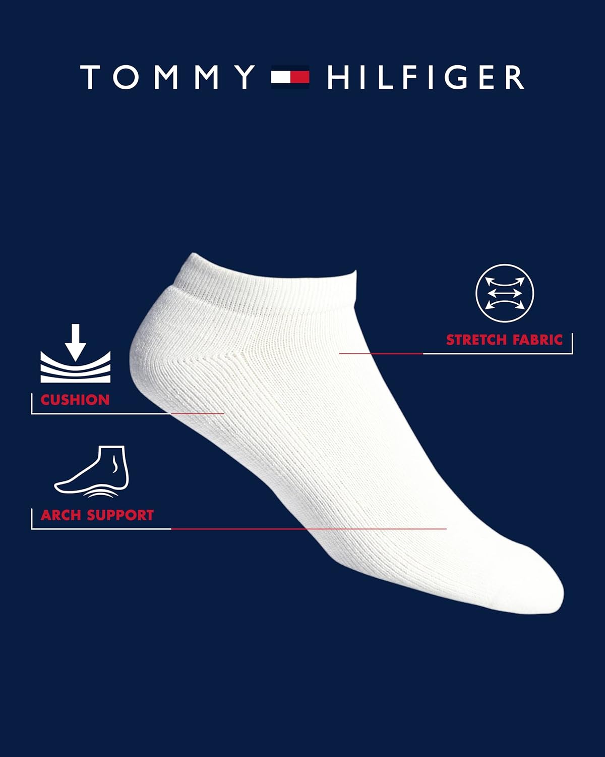 Мужские носки Tommy Hilfiger No Show Socks - 10 пар носков из хлопковой смеси для мужчин - ультракороткие подкладки для лоферов и кроссовок, White Stripe (12Pk) — фото 2