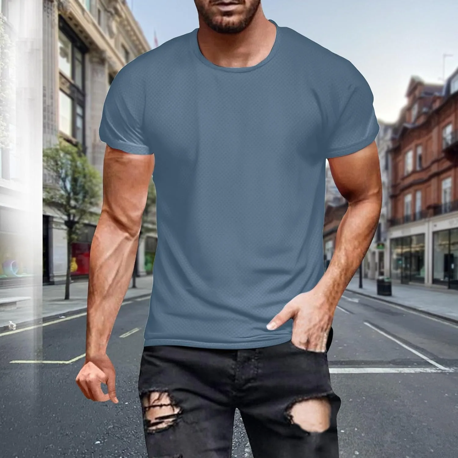 Мужская майка-сетка Athletic Dry Fit с круглым вырезом, эластичная футболка с коротким рукавом, спортивная легкая майка Generic, синий — фото 2