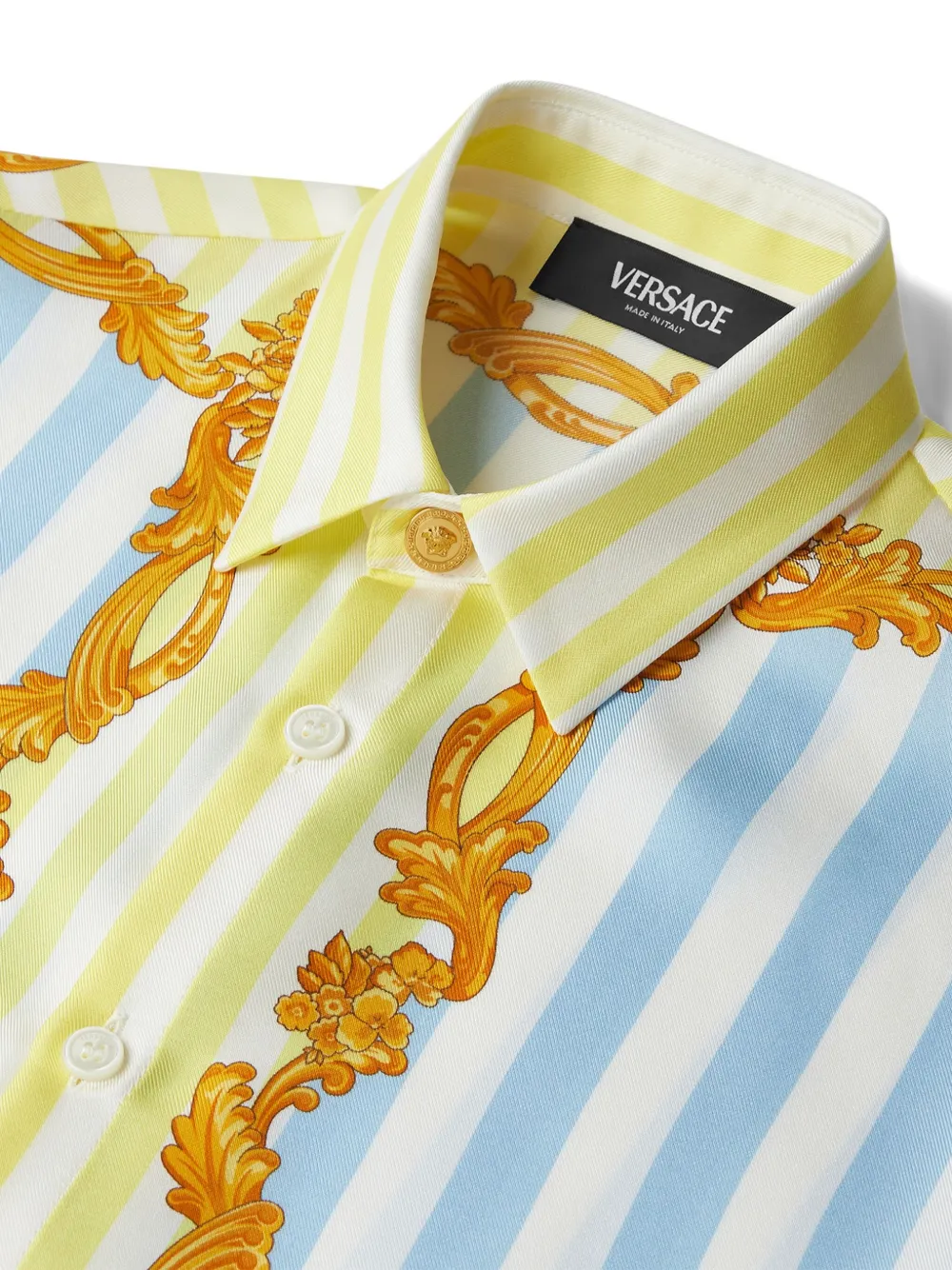 Шелковая рубашка Barocco в тонкую полоску Versace Kids, синий — фото 3