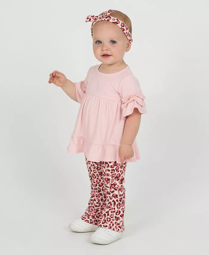 

Комплект для девочек: топ с рюшами, расклешенные брюки с леопардовым принтом и повязка на голову (3 предмета) Rare Editions