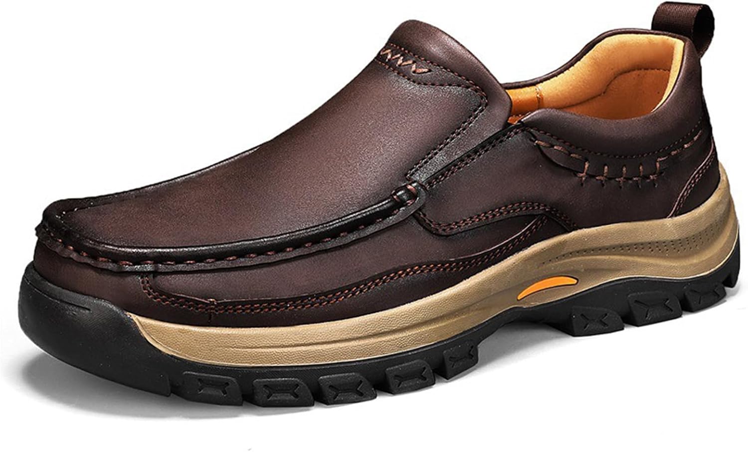 

Мужские кожаные прогулочные лоферы винтажные с круглым носком, противоскользящие, износостойкие, без шнурков, мокасины для работы, офиса, улицы и повседневной носки Fifilapin, коричневый