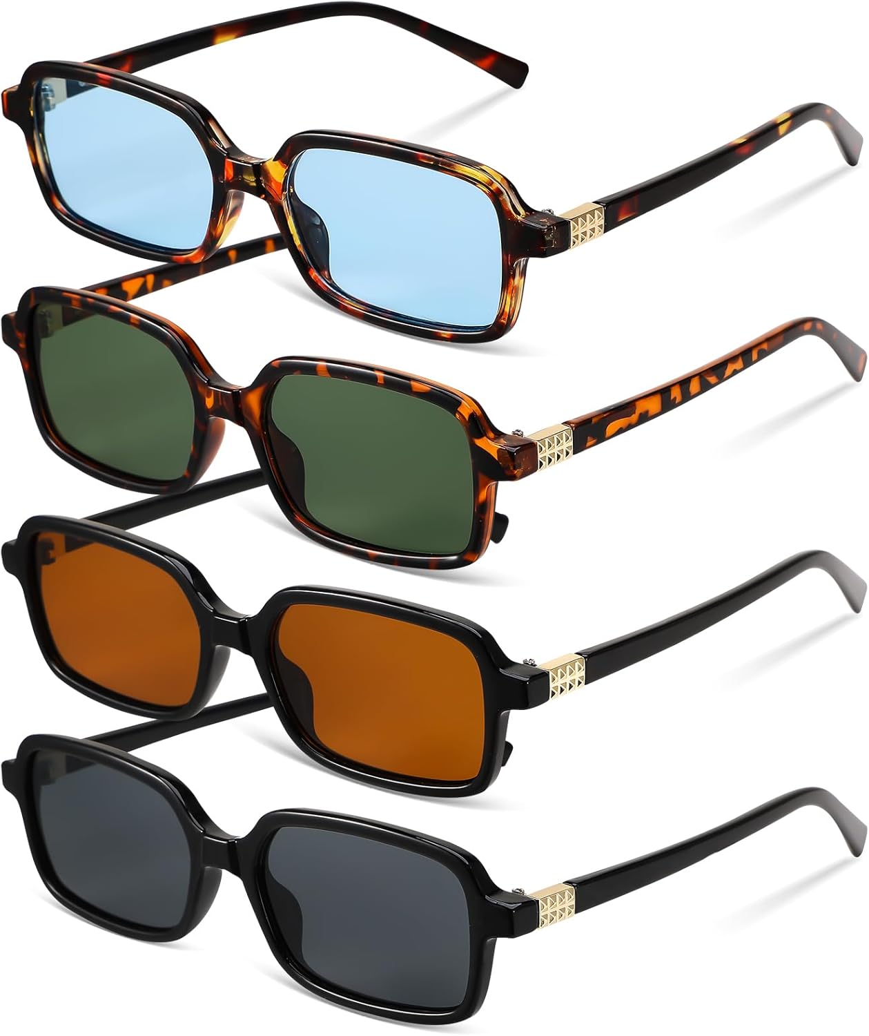 

JATEBI Набор из 4 ретро-солнцезащитных очков прямоугольной формы для женщин и мужчин в стиле 90-х и 2000-х годов, маленькие, в винтажном стиле, с защитой от УФ-излучения, Blue, Green, Brown, Black
