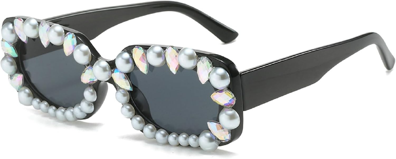 

Ретро-солнцезащитные очки с кристаллами и жемчугом для женщин, модные прямоугольные солнцезащитные очки со стразами, квадратные солнцезащитные очки с бриллиантами для вечеринки mincl, Black