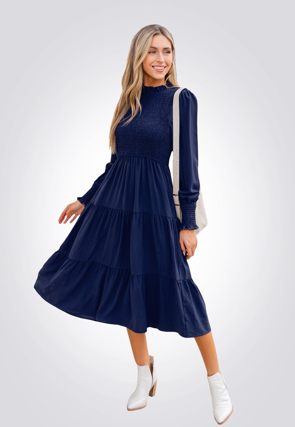 

Повседневное платье LONG SLEEVE SMOCKED MIDI DRESS Cupshe, темно-синий