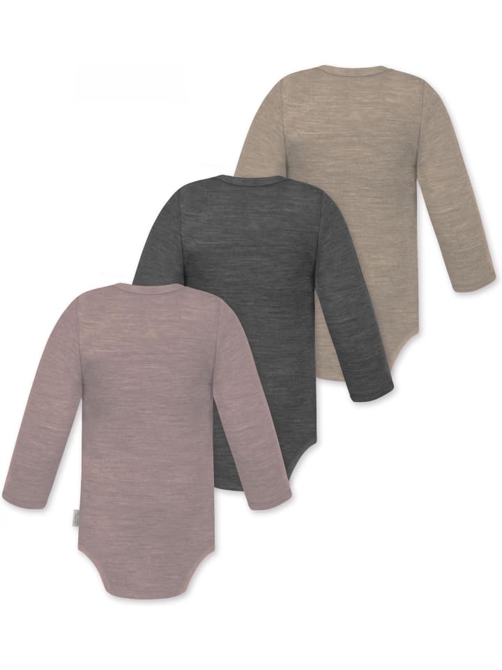 Normani Outdoor Sports Набор из 3 детских боди с длинными рукавами из мериносовой шерсти "Туай" в бежево-антрацитово-розовом цвете — фото 2