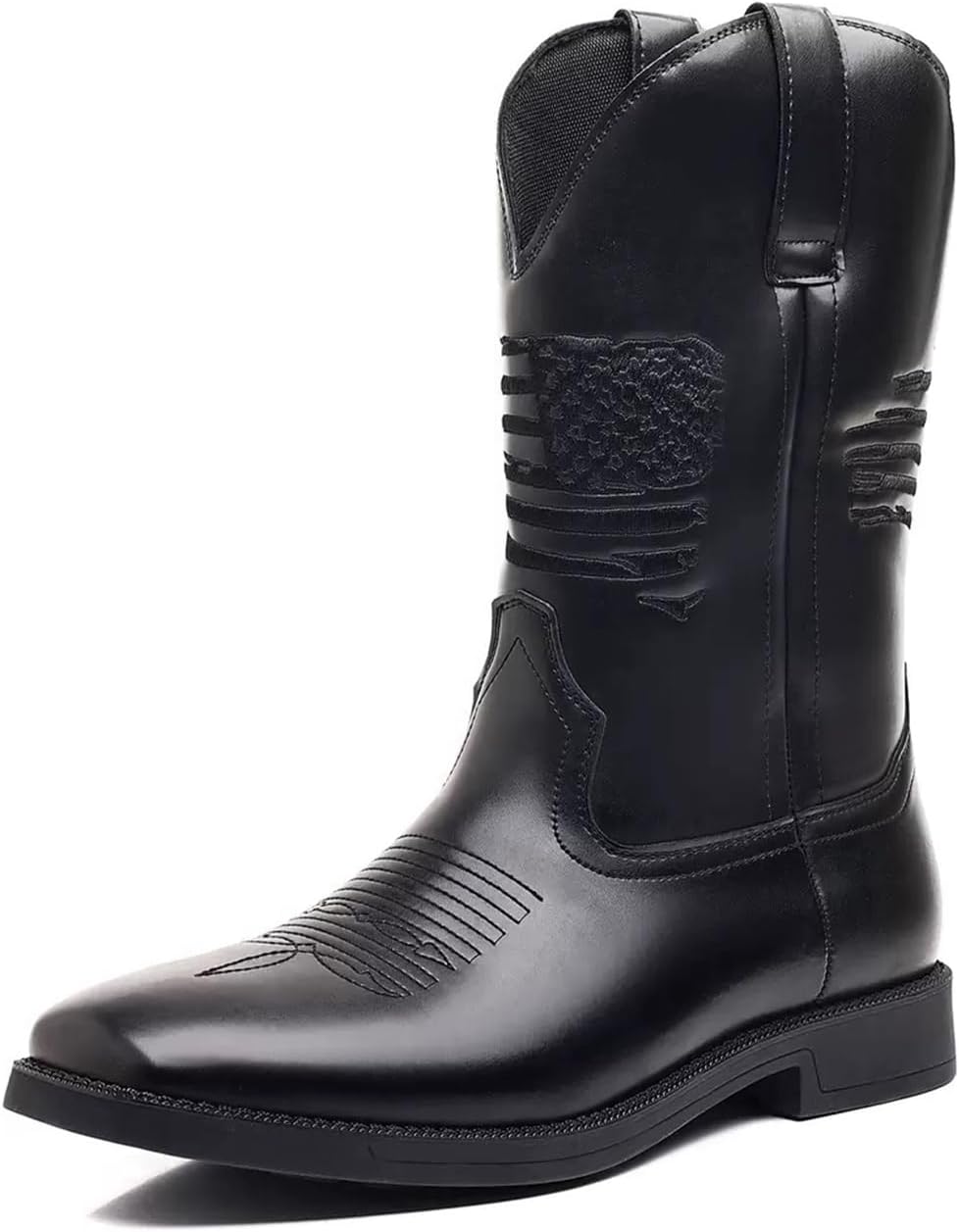 

Противоскользящие сельские сапоги Классические вышитые сапоги Ковбойские сапоги для мужчин Квадратный носок, массивный каблук, сапоги средней длины Generic, черный