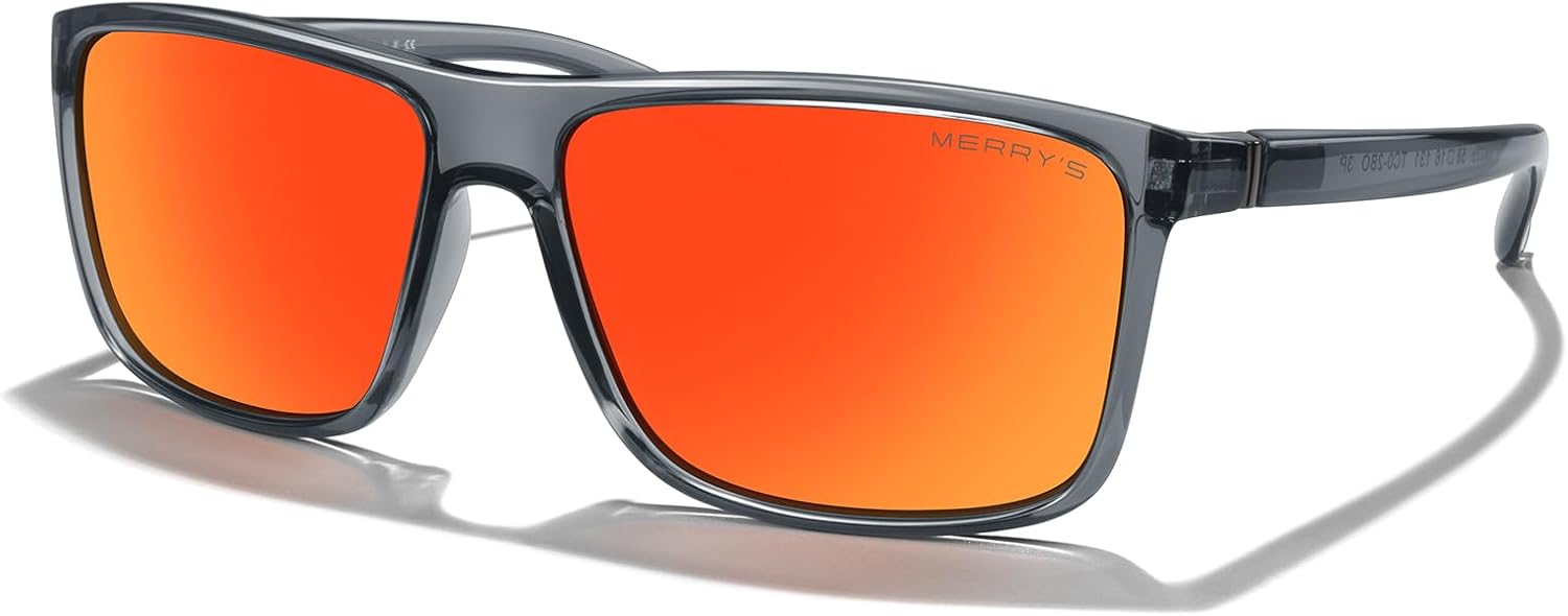 

Прямоугольные поляризованные спортивные солнцезащитные очки MERRY'S для мужчин и женщин, для езды на велосипеде, вождения, рыбалки, с защитой UV400, модель S8225, Tra Gray Frame/Gray Metal/Red Mirror Lens