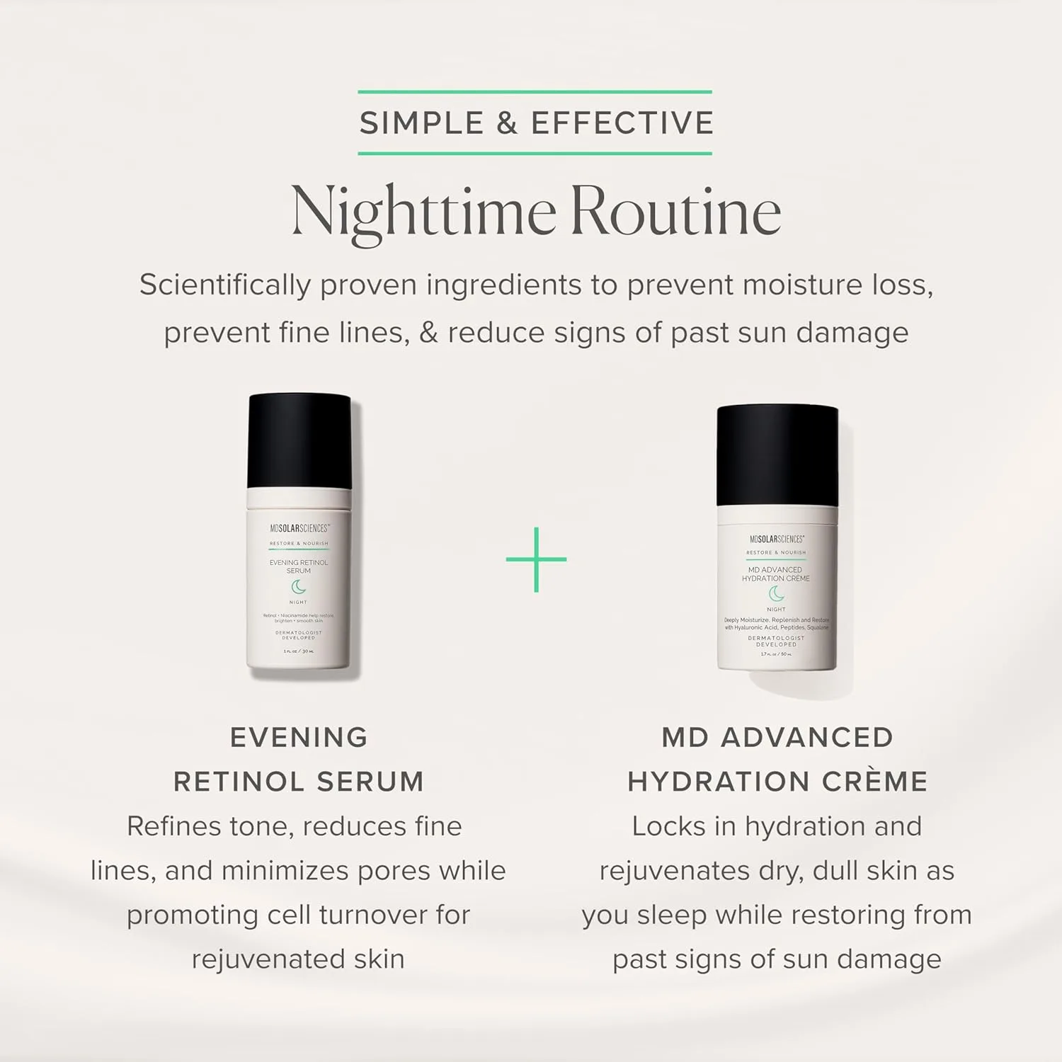 Набор MDSolarSciences MD Advanced Hydration Crème и Evening Retinol Serum | Антивозрастной ночной уход за кожей | Гиалуроновая кислота, церамиды и пептиды | Уменьшает морщины и пигментные пятна — фото 2