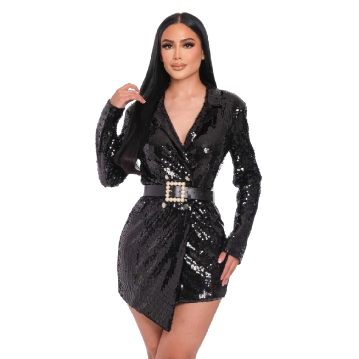 

Платье-блейзер мини с пайетками и жемчужным поясом FASHNZFAB, черный