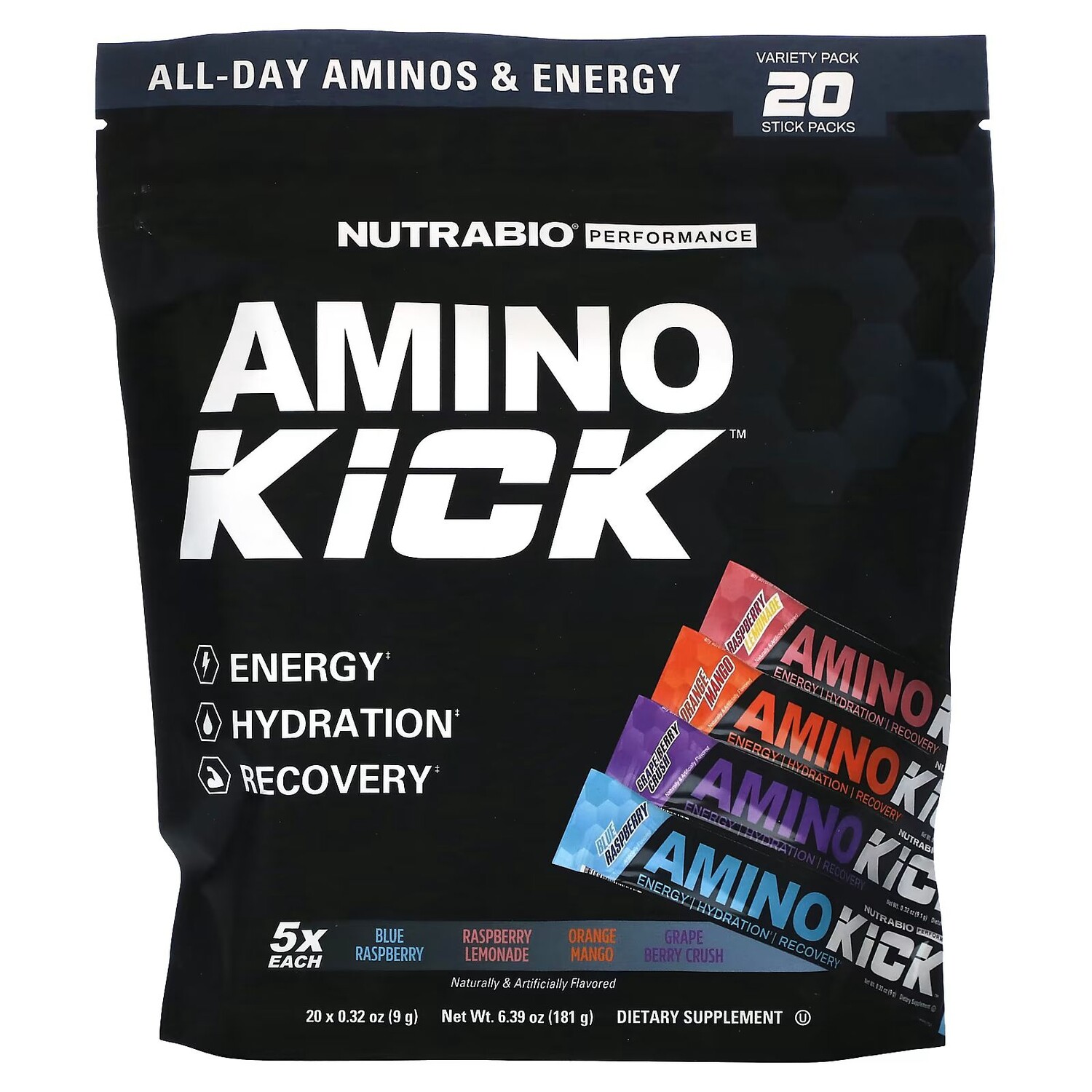 

Amino Kick, разнообразный набор, 20 палочек, по 0,32 унции (9 г) каждая Nutrabio