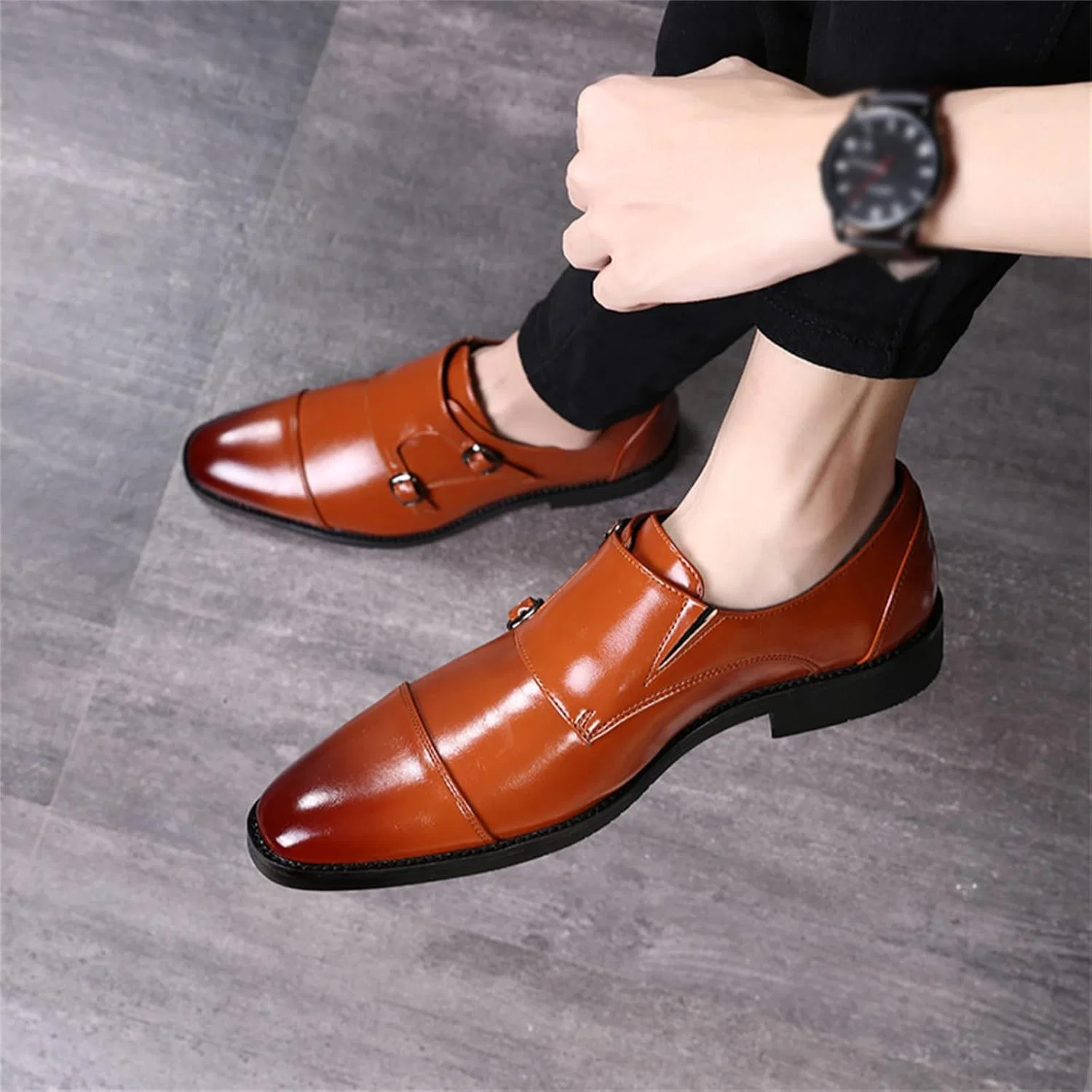 Лоферы мужские кожаные Double Monk Strap Shoes, коричневый Dwihuizes — фото 2